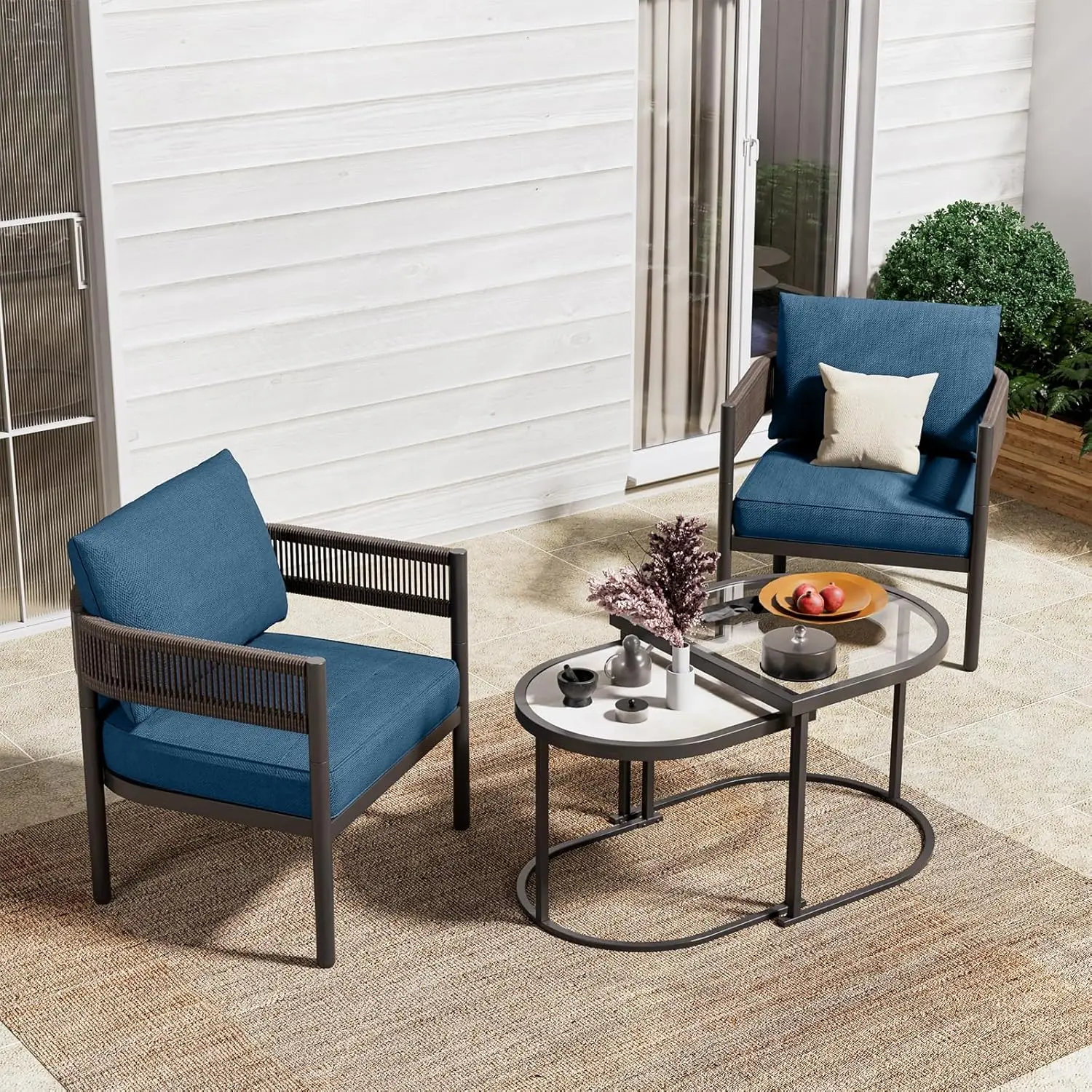 

4-Piece Outdoor Conversation Set with 2 Single Chairs and 2 Patio Coffee Tables, Wicker Furniture Set, Peacock Blue, Custom