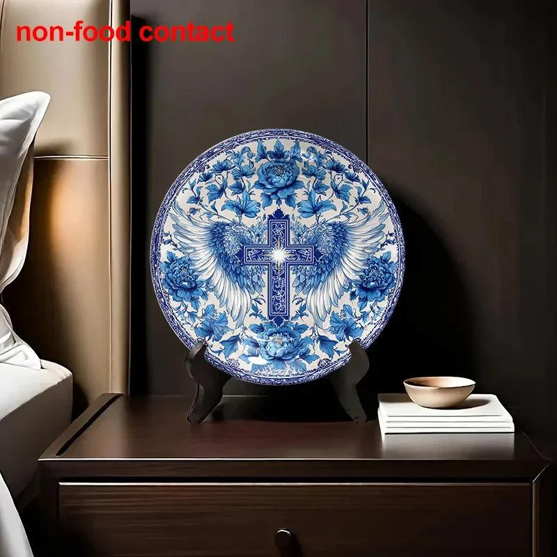 1pc Vintage Blue and White Ceramic Wall Plate - Elegant Floral cross & wings design, Non-Food Contact Decorative Hanging plate
