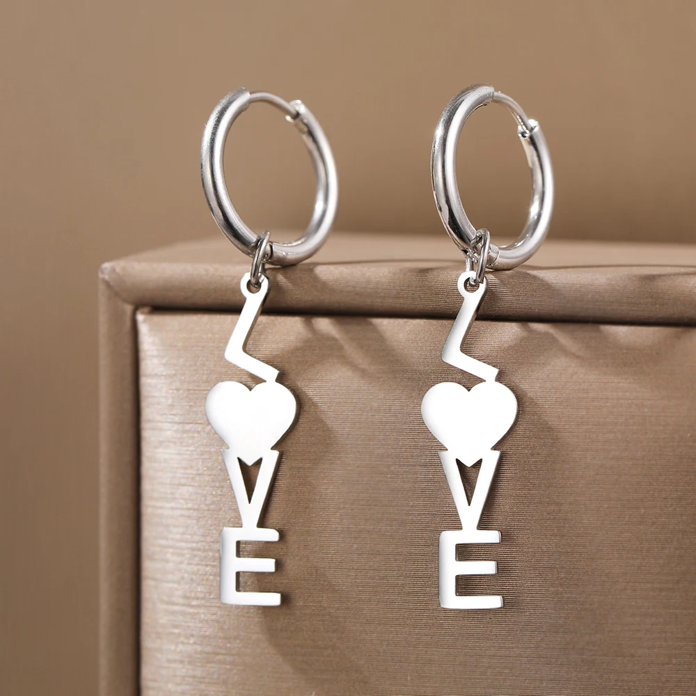 Stainless Steel Earrings Trend Letter Heart Letter Love Pendants Sweet Fashion Hoop Earrings For Women Jewelry Party Girls Gifts