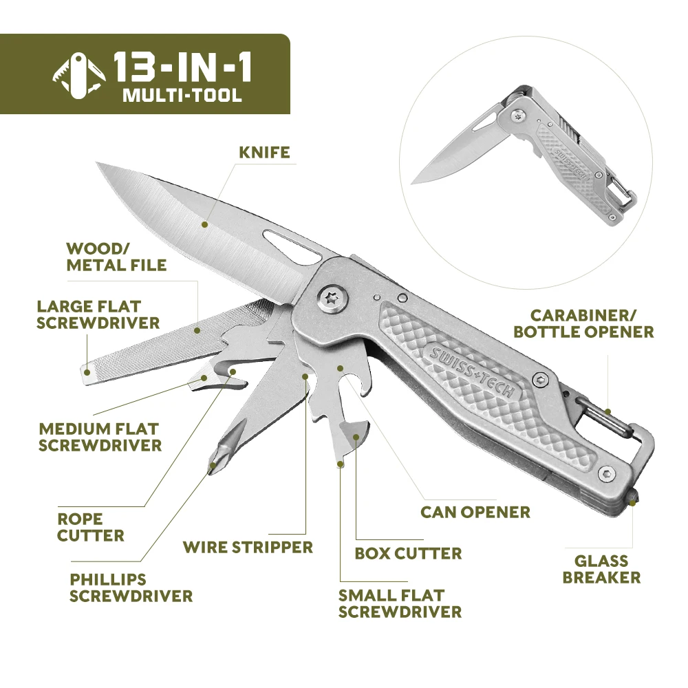 Imagem -02 - Swiss Tech-faca Dobrável Multitool Ferramentas Pocket Edc Chave de Fenda Portátil Sobrevivência ao ar Livre Caminhadas Pesca Facas de Acampamento 13 em 1