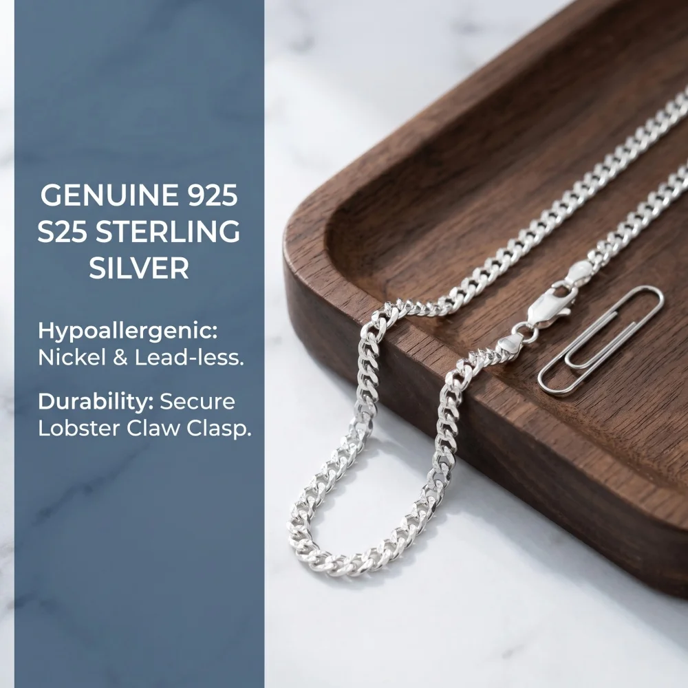 925 Sterling Silver 4mm Cuban Link Chain Necklace and Bracelet Set for Men Women, Fashion Jewelry for Party, 20cm To 75cm Length