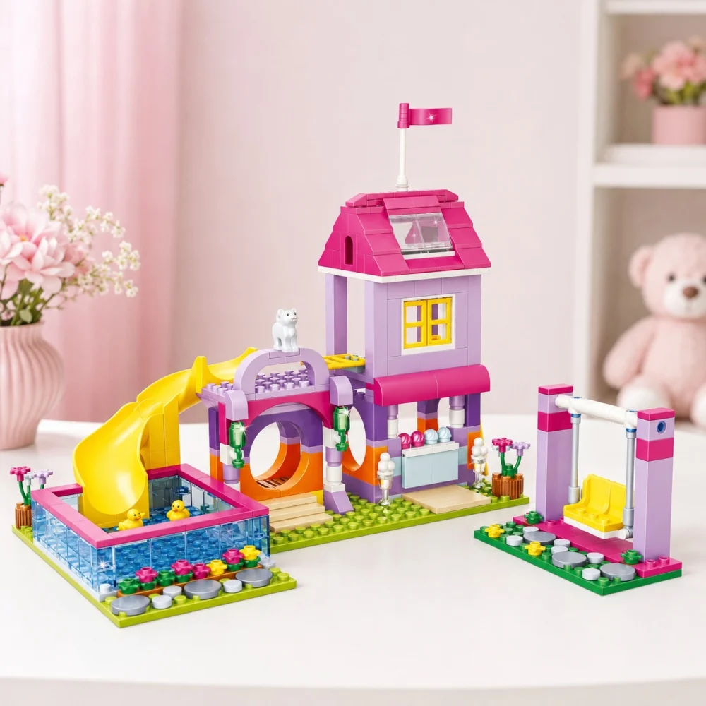STEM Summer Playground Building Bricks Set for Girls with Slide Swing Pool and House DIY Assembly Construction Toy Birthday Gift