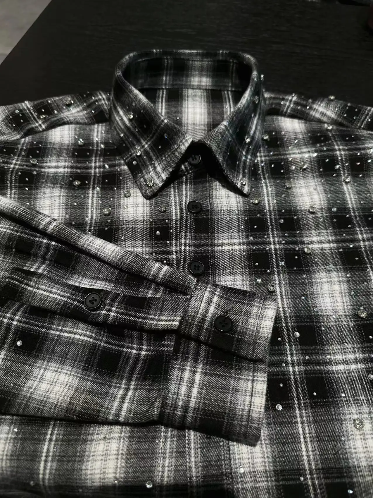 2025 Autumn New Korean Heavy Rhinestone Plaid Long Sleeve Shirt Trendy Fashion High Street Unisex Couple Casual Loose Jacket