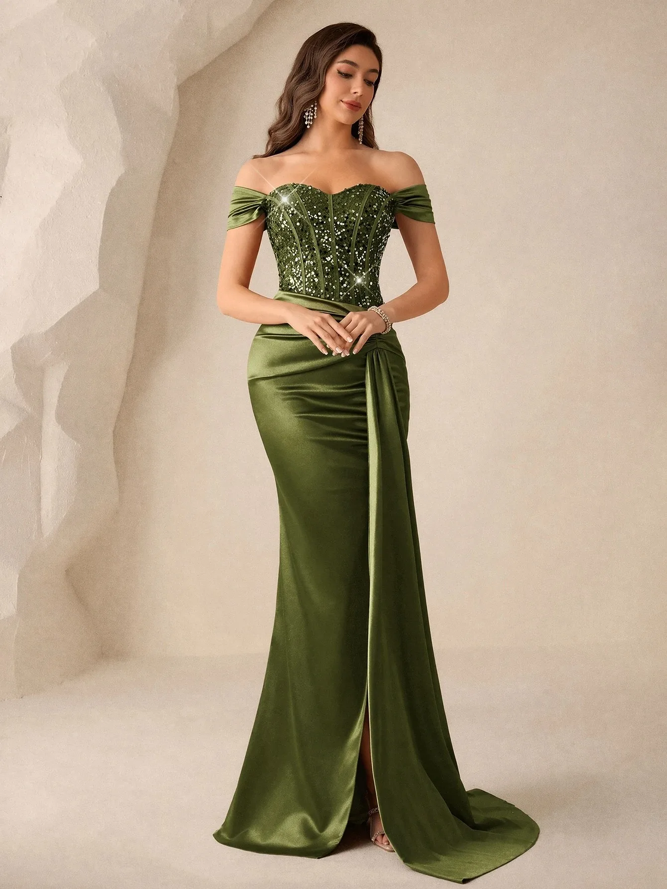 Sequin Beaded Satin Mermaid Evening Dress Off Shoulder Olive Green High Slit Ruched Maxi Party Gown For Women