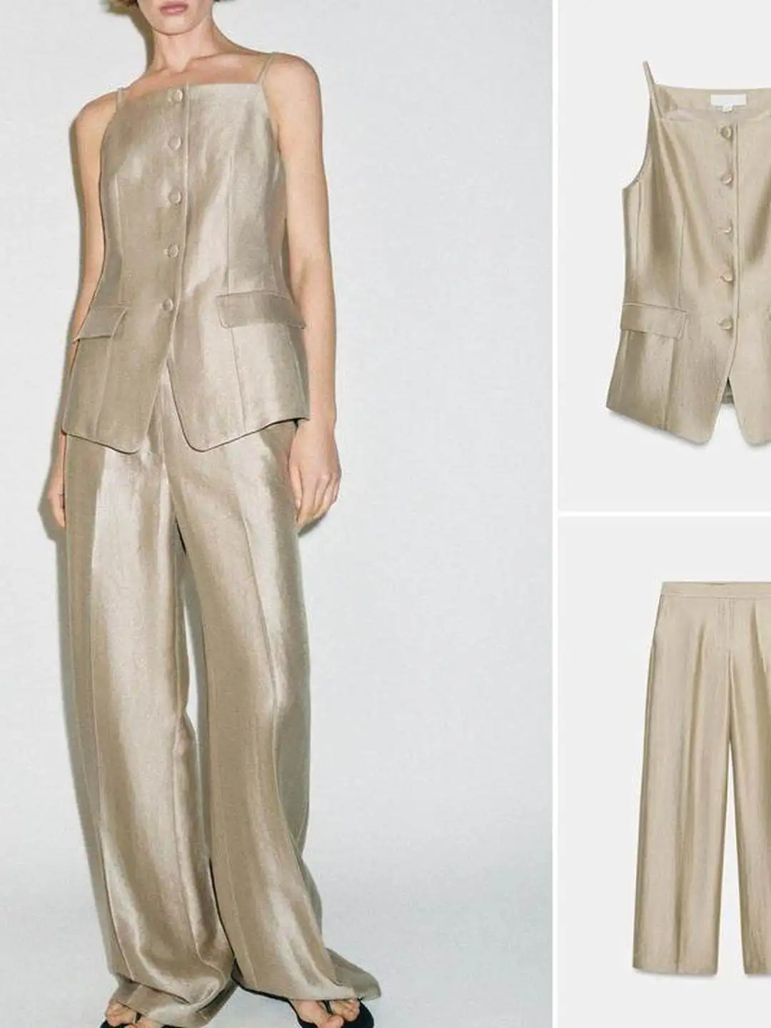 Spring 2026 Slim Fit Tank Top And High Waist Straight Leg Pants Ensemble Elegant City Walk Outerwear Single Button Closure