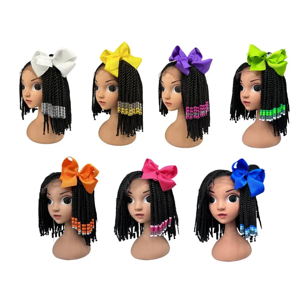 Kids African Ponytail Wig with Colorful Bows Beads High Temperature Wire Children Wig with Beaded Ponytails Hair Decoration Wig