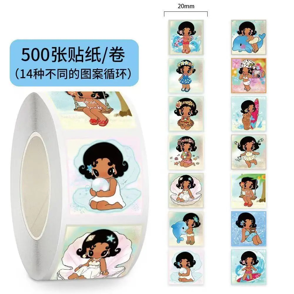 500pcs/Roll Cute Dark‑Skinned Girl Beach Cartoon Sticker DIY Skateboard Laptop Guitar Phone Car Seal Label Decals Decoration