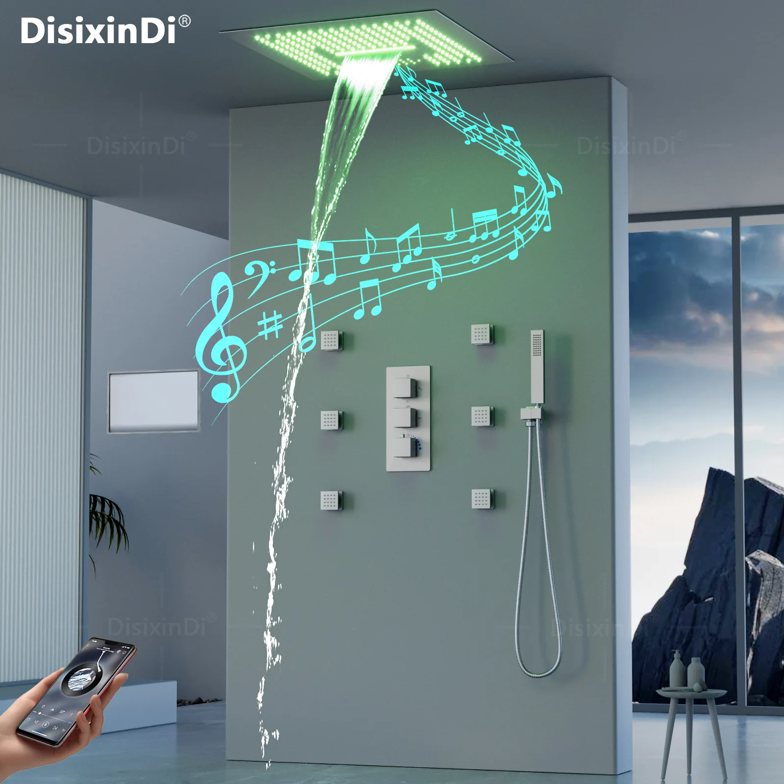 Home hotel bathroom, LED thermostatic shower set, embedded concealed installation, 16 inch LED music top spray