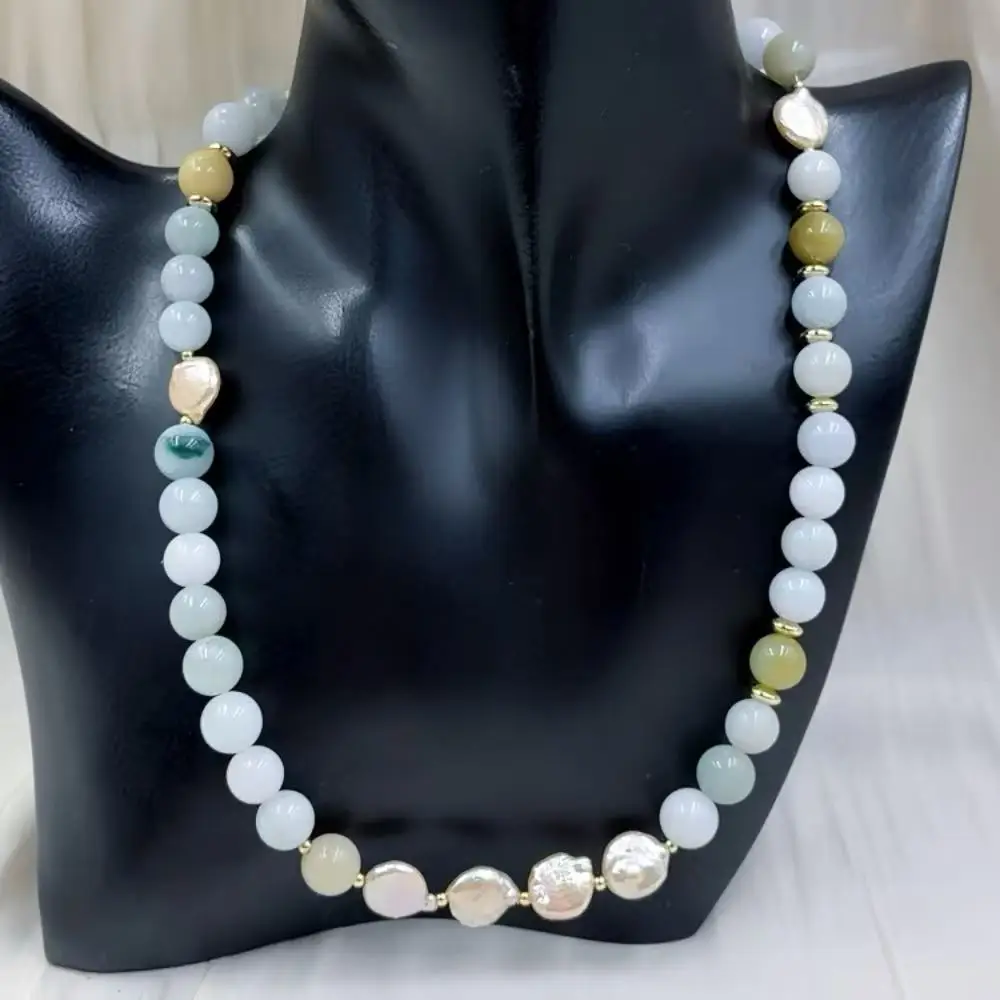 10mm 10-11mm Jewelry Vintage Round Genuine Natural Jade  Stone Gems Coin Pearl Charm Beads Necklace 17-20inch