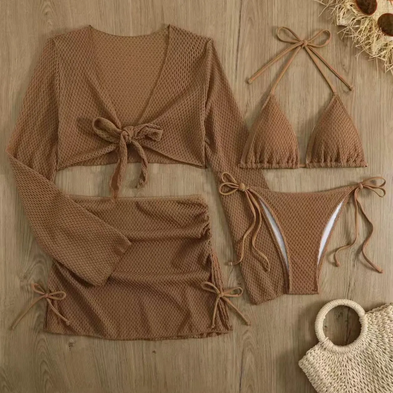 2026 Sexy Two Piece Bikini Set Women Push Up Tummy Control Swimsuit Swimwear Beach Vacation Summer Long Sleeve Crop Top Swimwear