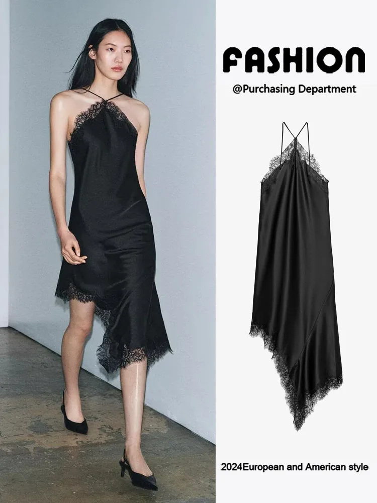 

Winter 2025 New Women's Faionable Lace Trim Silk Satin Bal Dr Ele Evening Gown without Sves Pure Color