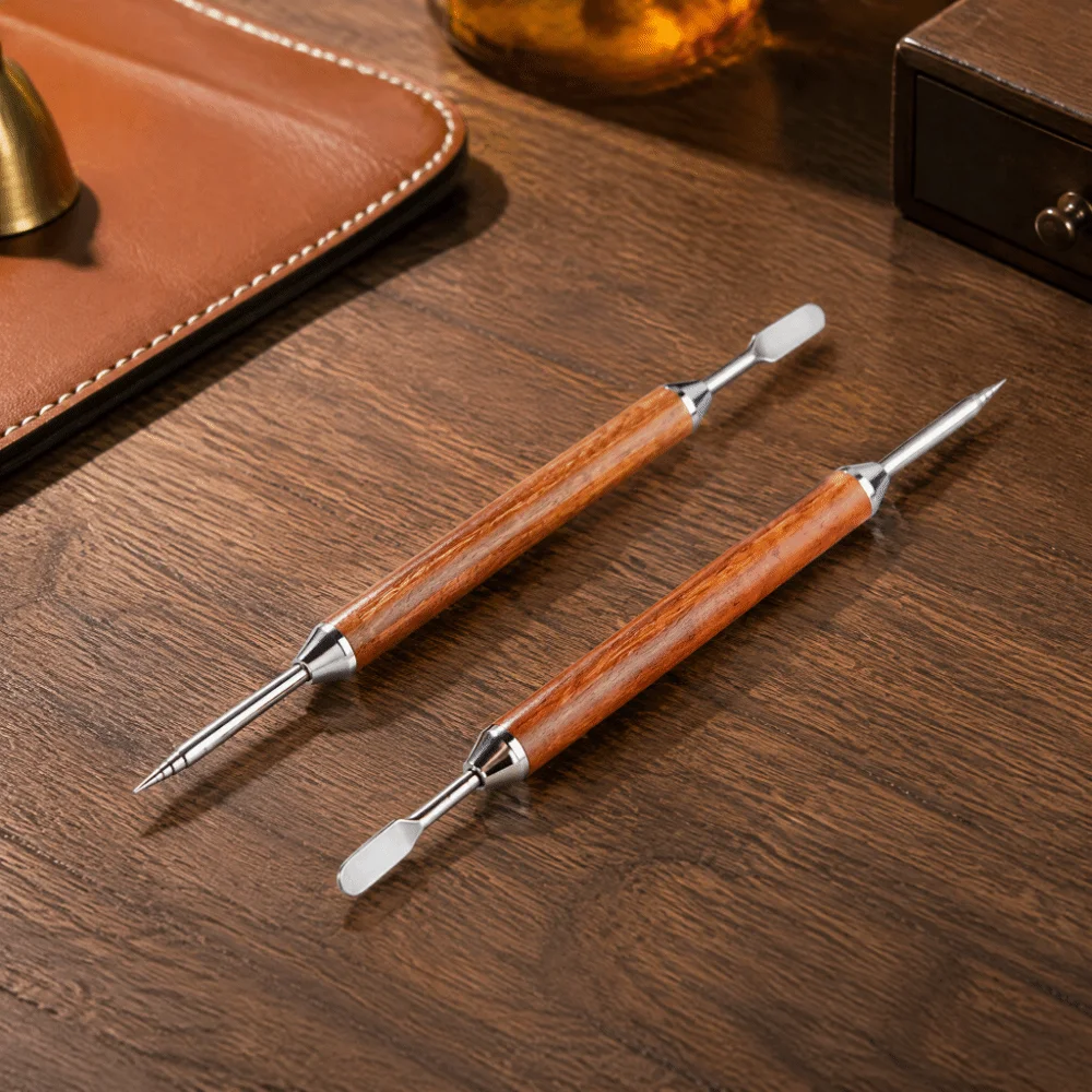 2-Pack Set Double-Ended Latte Art Pen Stainless Steel Tip Durable Latte Carving Pen Pear Wood Handle Coffee Drawing Tool