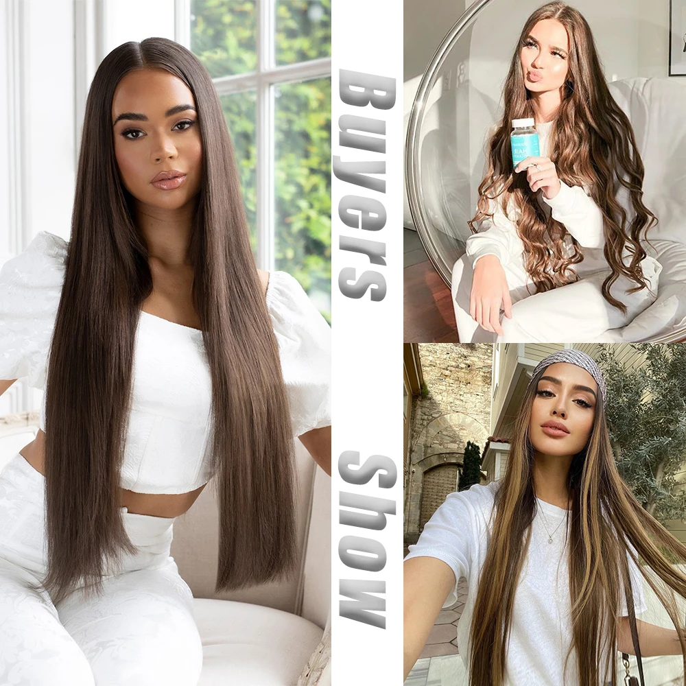 Extensiones de Cabello sintético Natural para mujer, pelo largo y liso, 5 Clips, 22 pulgadas, alta temperatura, negro y Rubio