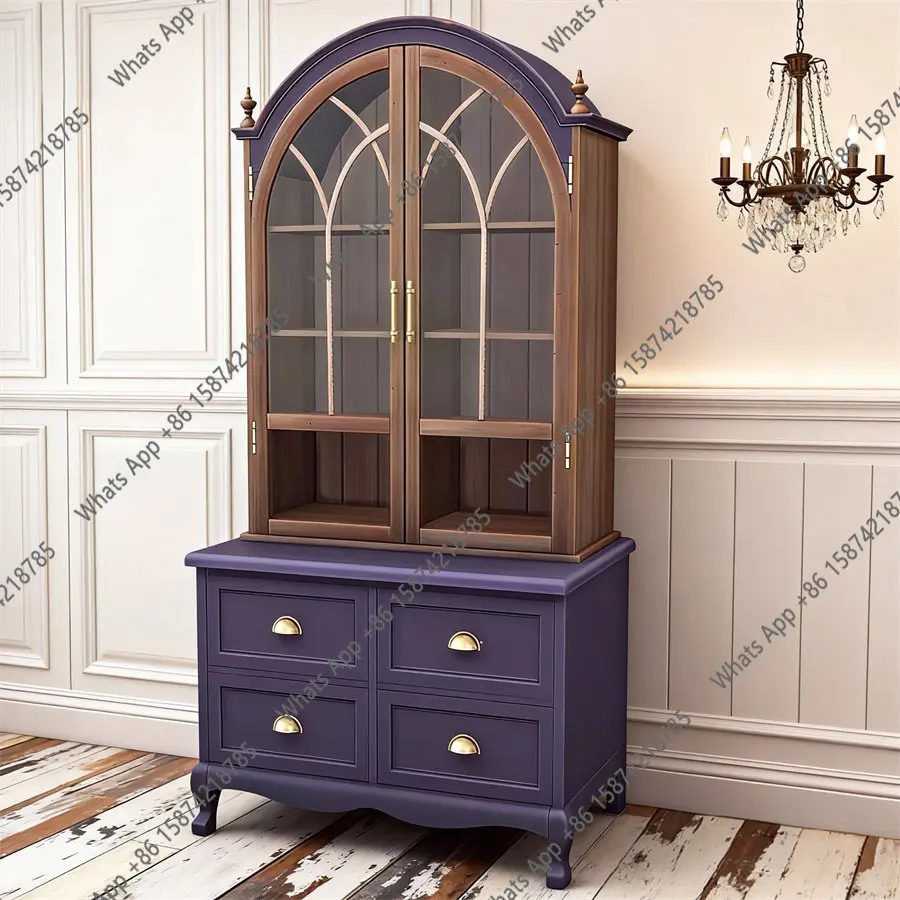 

French green high-end storage bookcase solid wood arched glass door wine cabinet living room storage display high cabinet