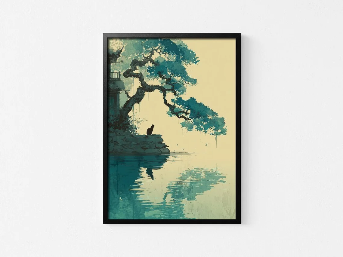 Cat Under Tree Wall Art, Japanese Style Print, Green Nature Poster，Emerald Green Nature Grass Field Decor for Home