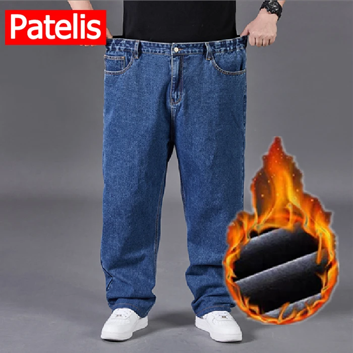 Jeans de pernas largas quentes para homens, calças compridas, jeans largos, tamanho grande, 30 a 48, masculino, inverno