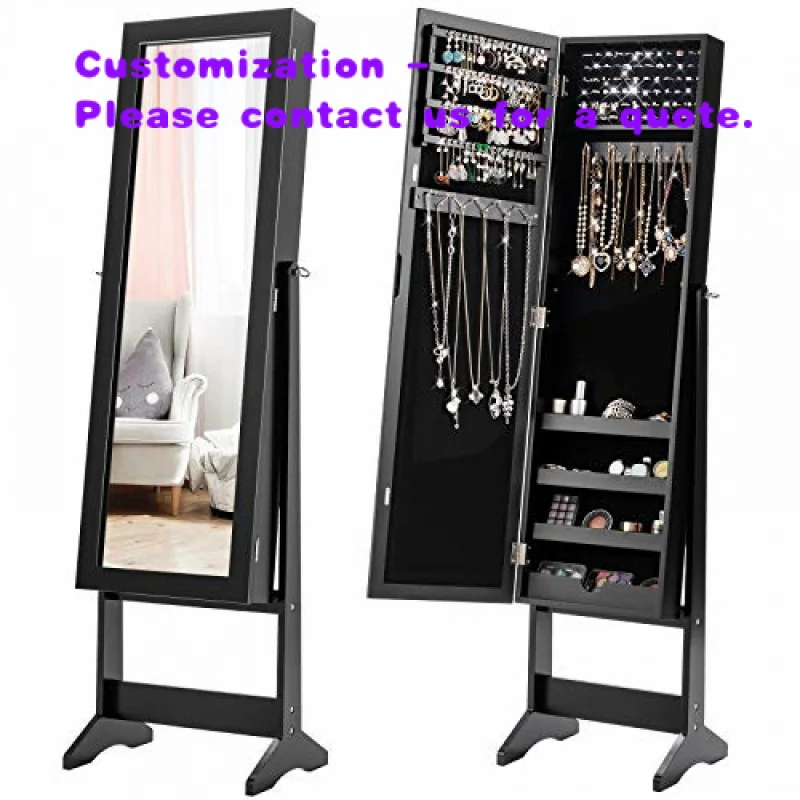 custom.Wood Jewelry Cabinet Full-Length Mirror Standing Armoire Organizer 64 Earring Slots 72 Ring Slots 20 Necklace Hooks 4 Sto