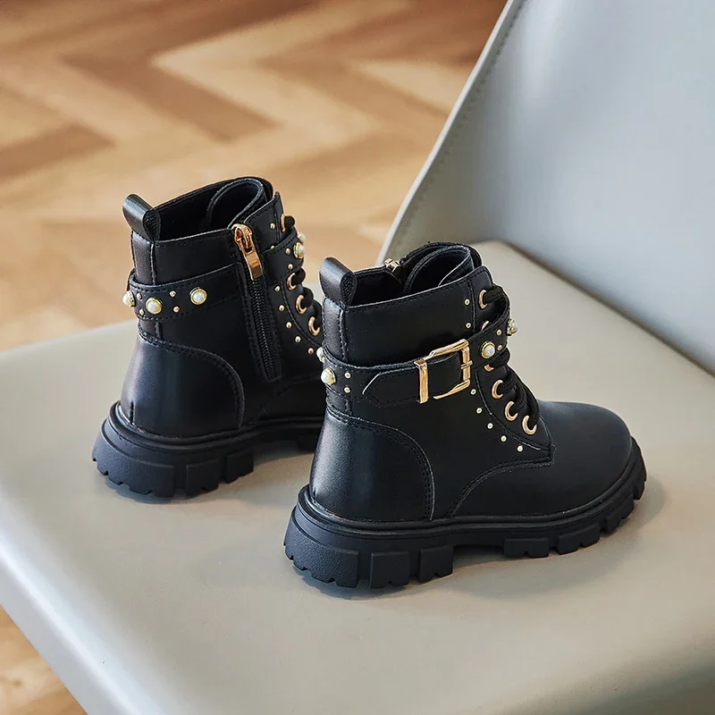 Botas de Otoño Invierno para niñas, botines para niños, botas de princesa con perlas y lentejuelas, zapatos informales antideslizantes para exteriores para niños, talla 26-36