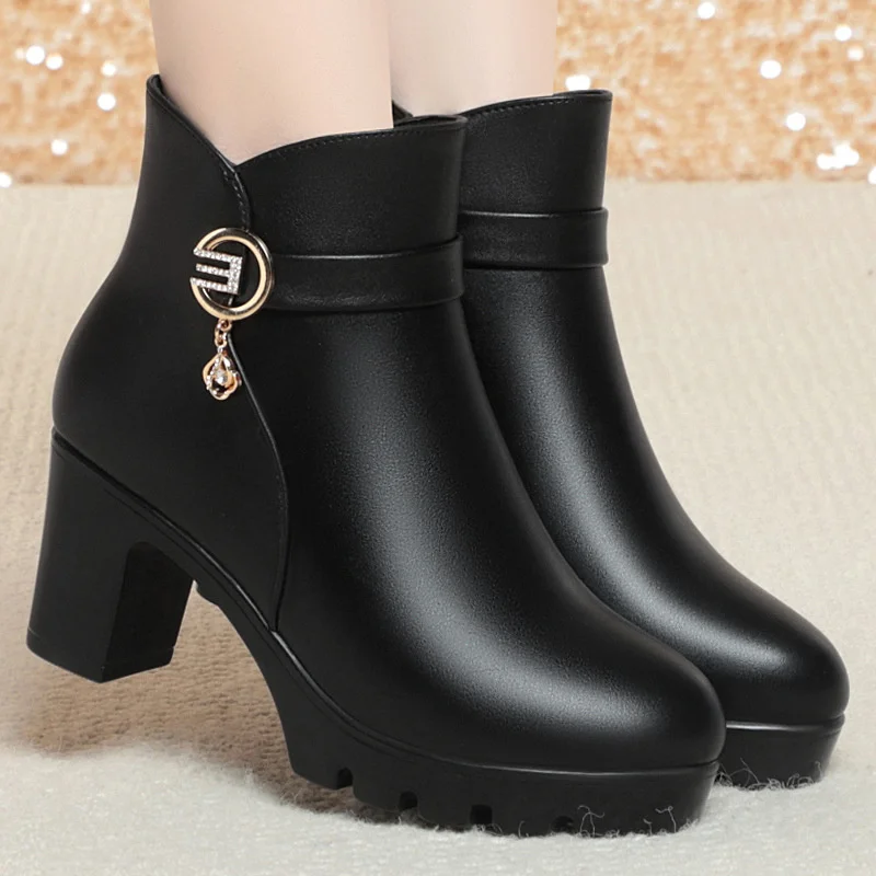 Autumn Winter Warm Thick Bottom Women's Cotton Boots Velvet Waterproof Block High Heels Office Model  Ankle Boots