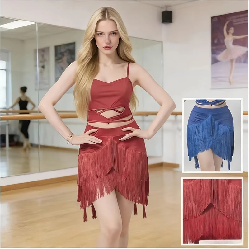Women Latin Dance Skirt Tassels Ballroom Dance Wear Adult Rumba Samba Cha Cha Training Performance Costume