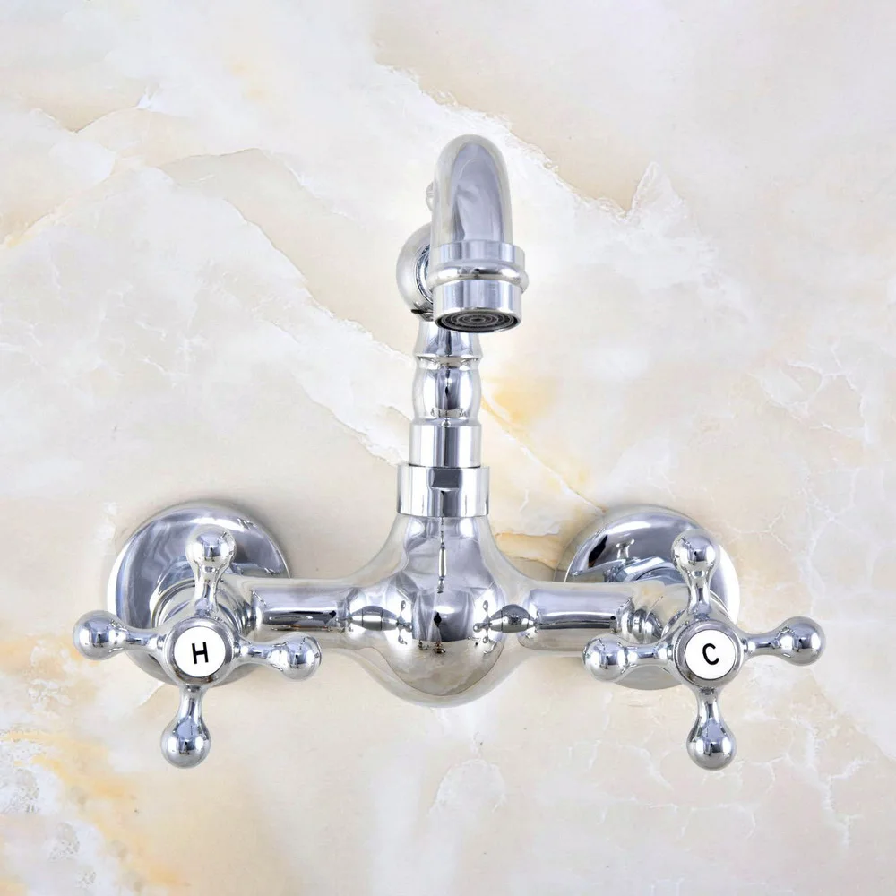 Polished Chrome Dual Cross Handles Wall Mounted Hot & Cold Bathroom Kitchen Basin Sink Swivel Faucet Mixer Tap znf577