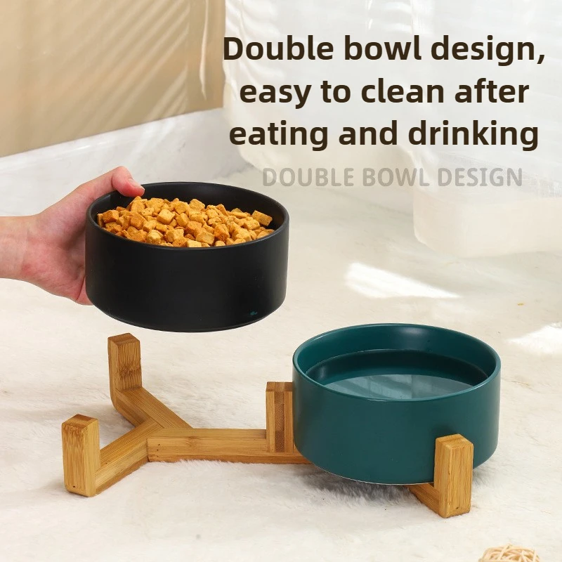 Ceramic Pet Bowl Dish With Wood Stand No Spill Pet Ceramic Double Bowl For Dog Cat Food Water Feeder Cats Small Dogs Pet bowl view 6