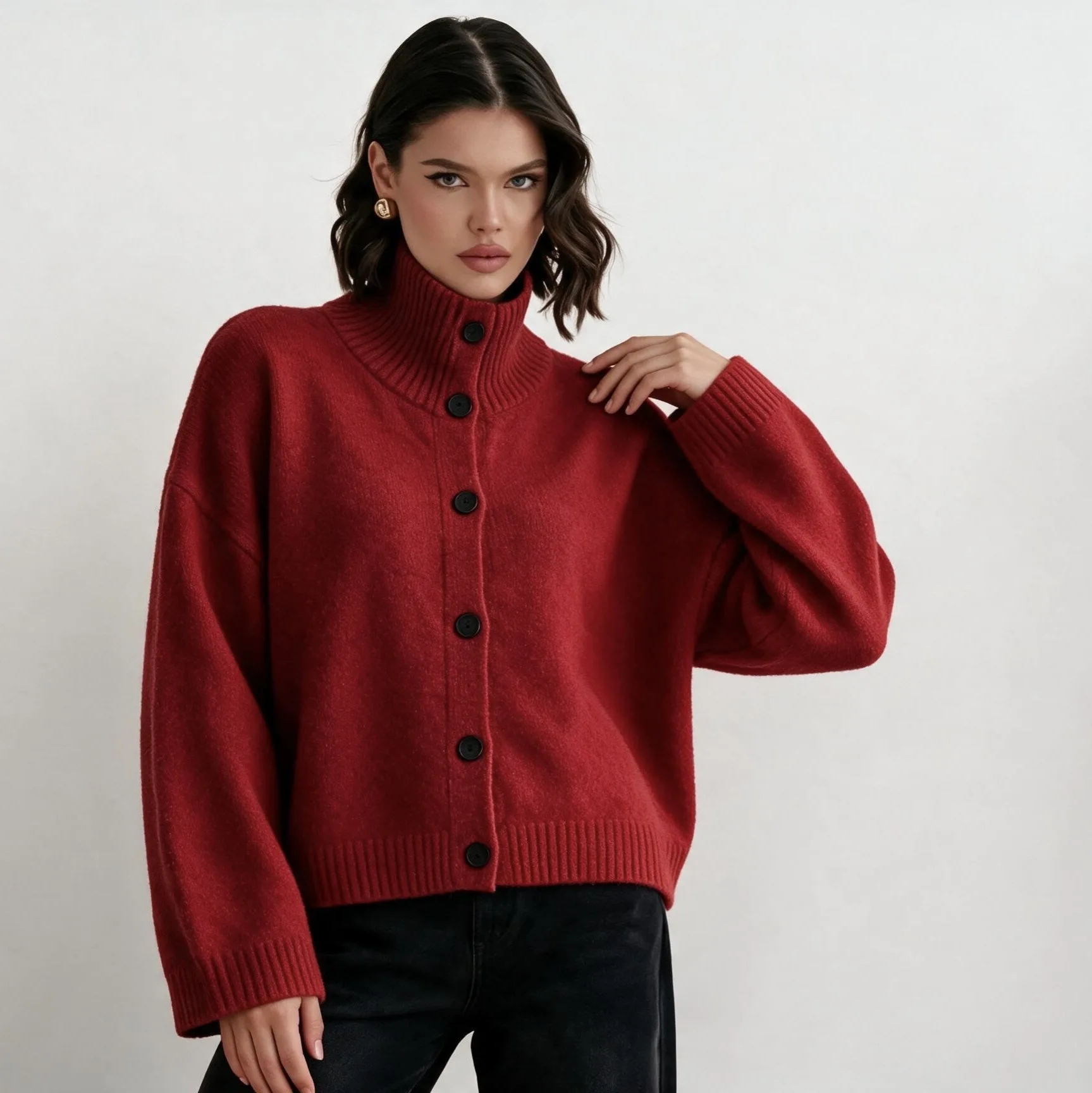 Button Down High Neck Ribbed Knit Long Sleeve Loose Solid Color Cozy Autumn Winter Women's Daily Commute Warm Cardigan