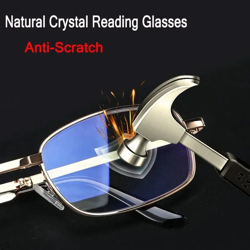 Kratzfeste Lesebrille, quadratische Retro-Presbyopie-Brille mit Glaslinsen, Metall-Hyperopie-Brille, Herrenbrille +3,5 +4 – Detail 4