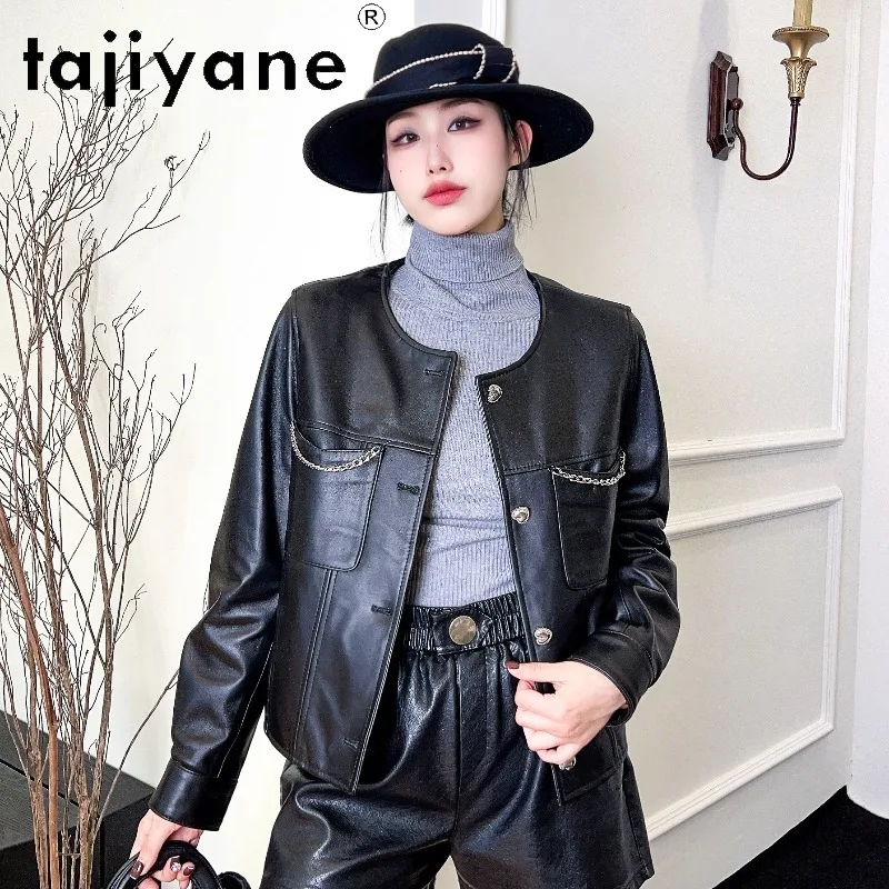 TAJIYANE Sheepskin Genuine Leather Jacket Woman Outerwear Slim Fit Cropped Jackets for Woman Round Neck Leather Coat Jaqueta