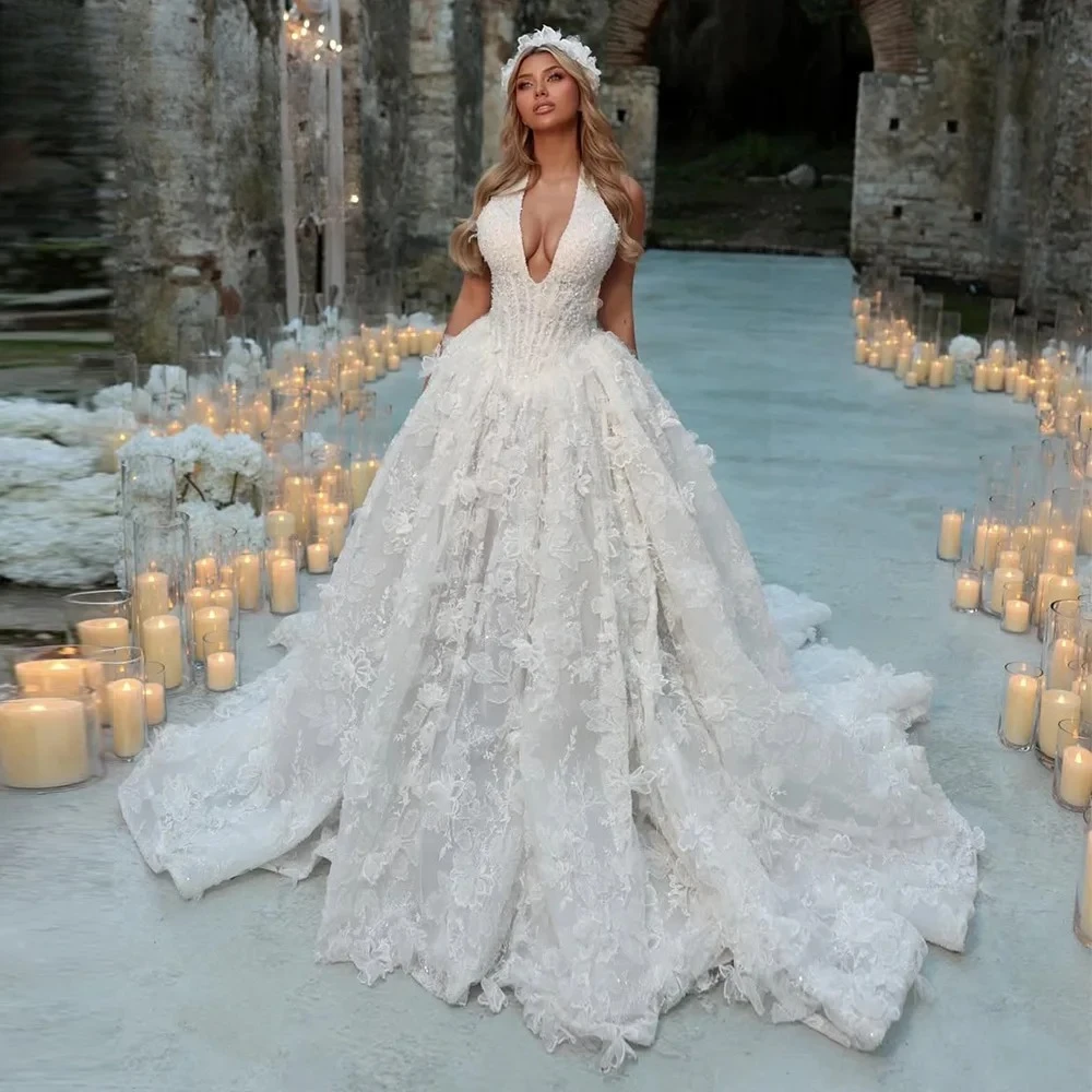 Luxury 3d Flowers Beaded Wedding Dresses Deep V Neck Puffy A-line Bridal Gown Customized Sweep Train Vestidos De Novia