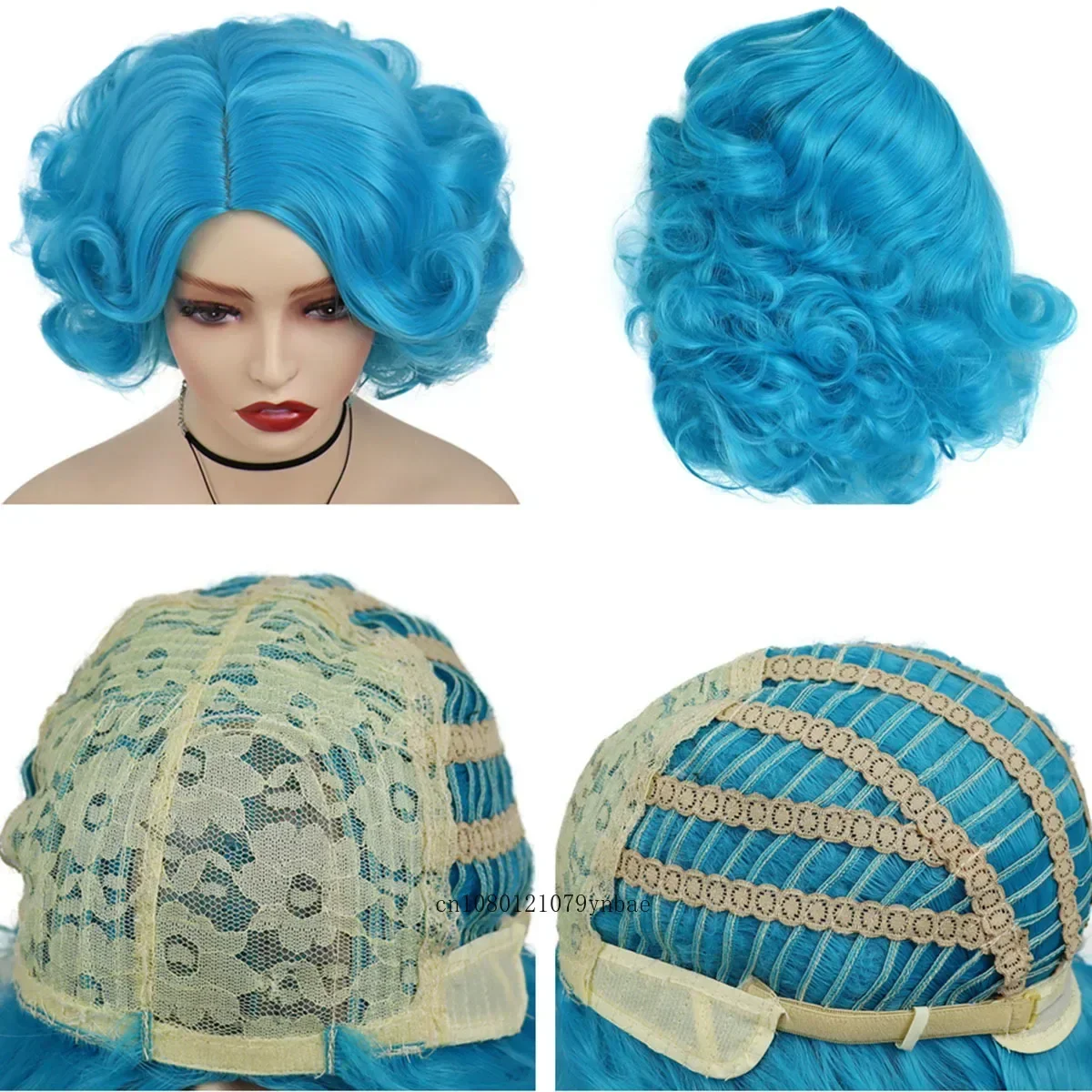 Synthetic Blue Short Big Curly Wigs for Women Girls Layered Wavy Bob Wig Cosplay Carnival Party Costume Halloween Lolita Wigs