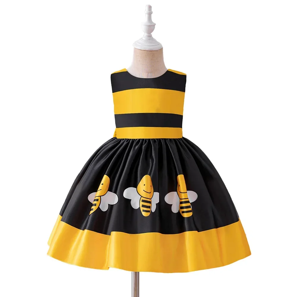 Cute Baby Honeybee Summer Tutu Dress For Girl Toddler Yellow Bee Line Costume Kids Bow Daily Holiday Clothes Infant Party Wear