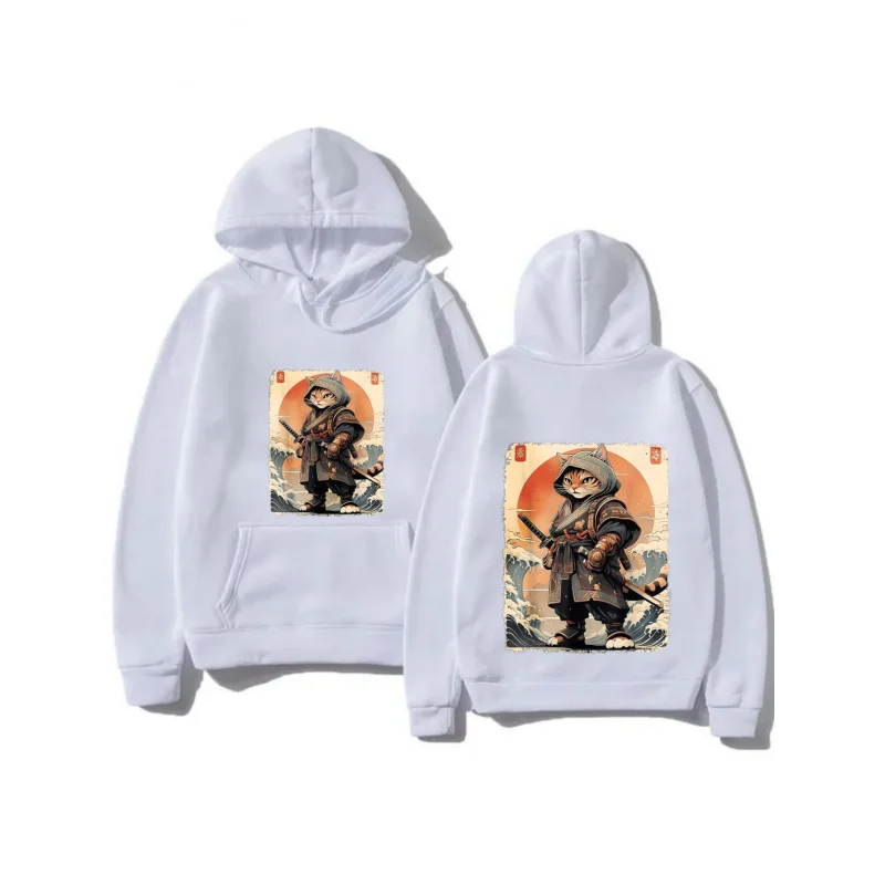 هوديي رجالي أبيض على شكل قطة ساموراي مطبوعة بنمط عالي الجودة من القطن كاجوال ملابس الشارع للارتداء اليومي والسفر
