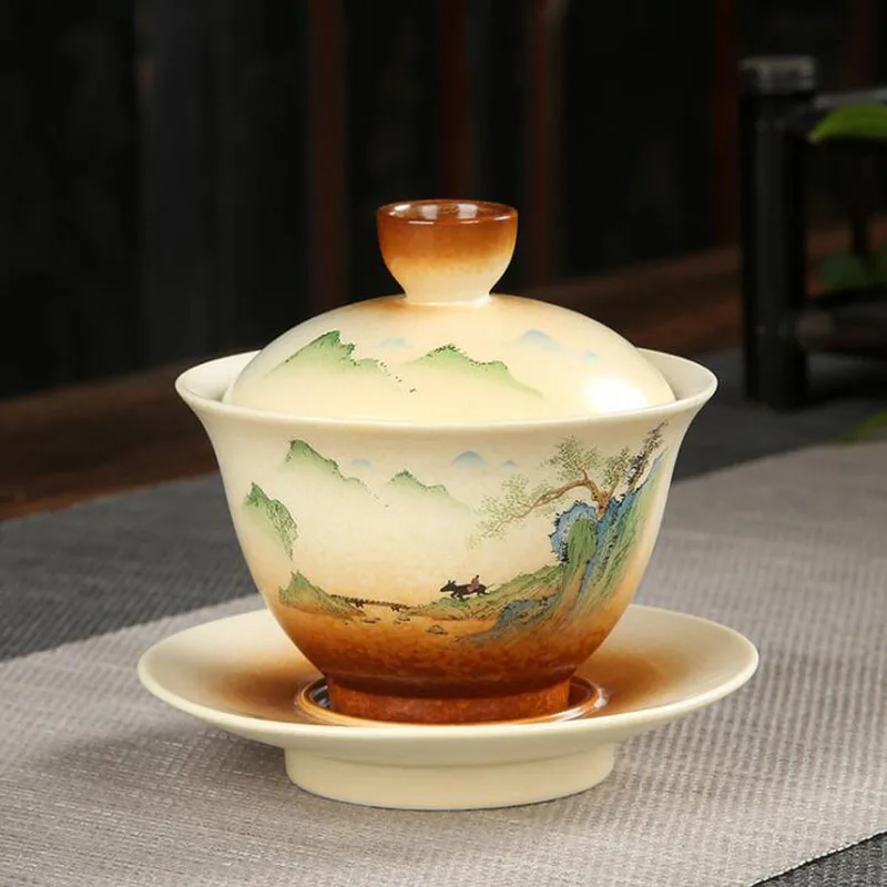 Hand-painted Tea Cup Kungfu Tea Tureen Retro Coarse Pottery Sancai Gaiwan Scenery Pattern Decorated Teaware Drinking Accessories