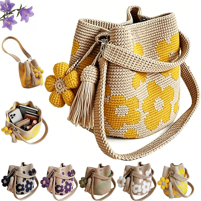 

1pc Handmade Crochet Flower Tote, Knit Floral Purse Bag, Boho Woven Beach Handbags Crossbody Shoulder Bag for Women Vacation