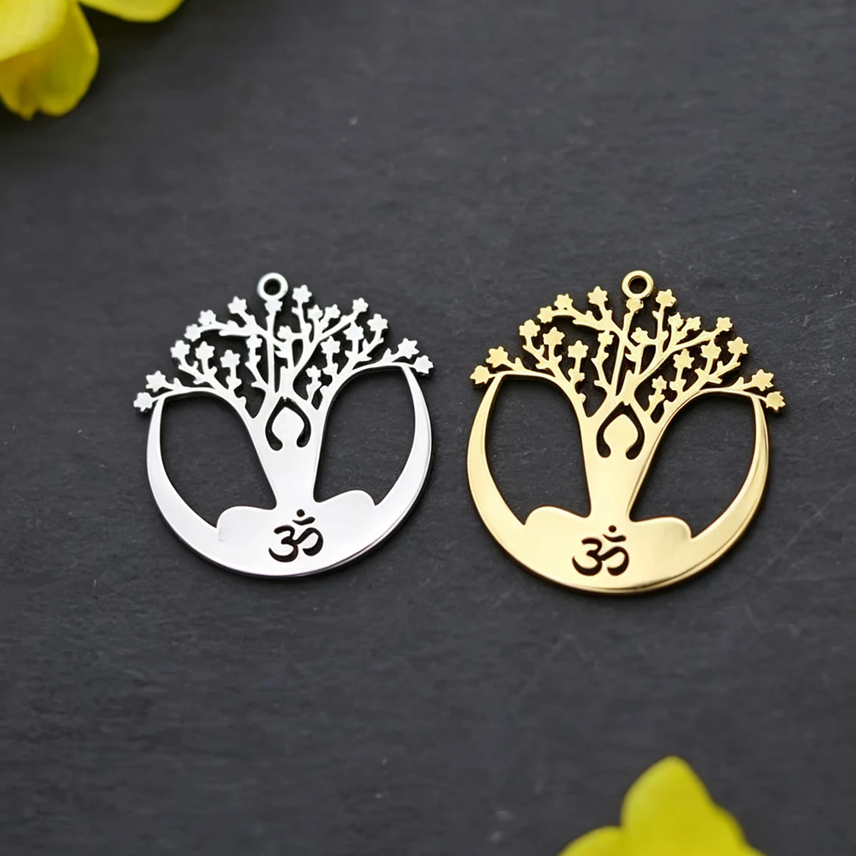 3 pendentifs Om Yoga en acier inoxydable, motif Arbre de Vie creux, pour la fabrication de bijoux DIY, colliers, boucles d'oreilles, accessoires faits main