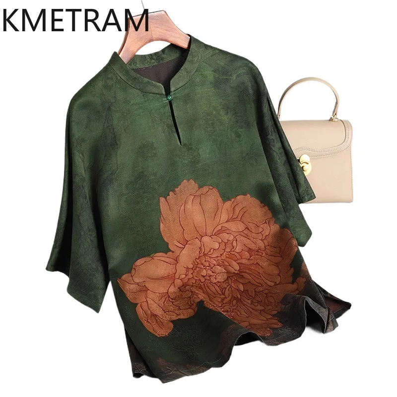 KMETRAM 100% mulberry silk T Shirts for Women High Quality Half SleeveT-shirt Xiangyun Sha Summer Tops 2026 Woman Clothes топ
