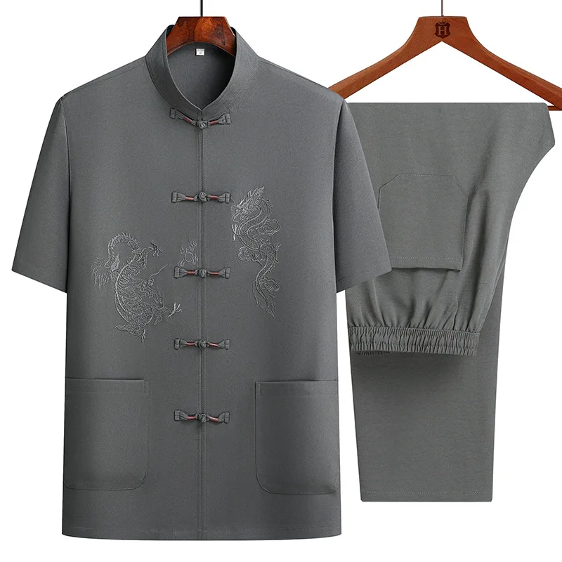 Chinese Silk Dragon Embroidery Retro Tang Suit Kung Fu Tai Chi Clothes Men's Hanfu With Pocket Shirt Bottoming Shirt