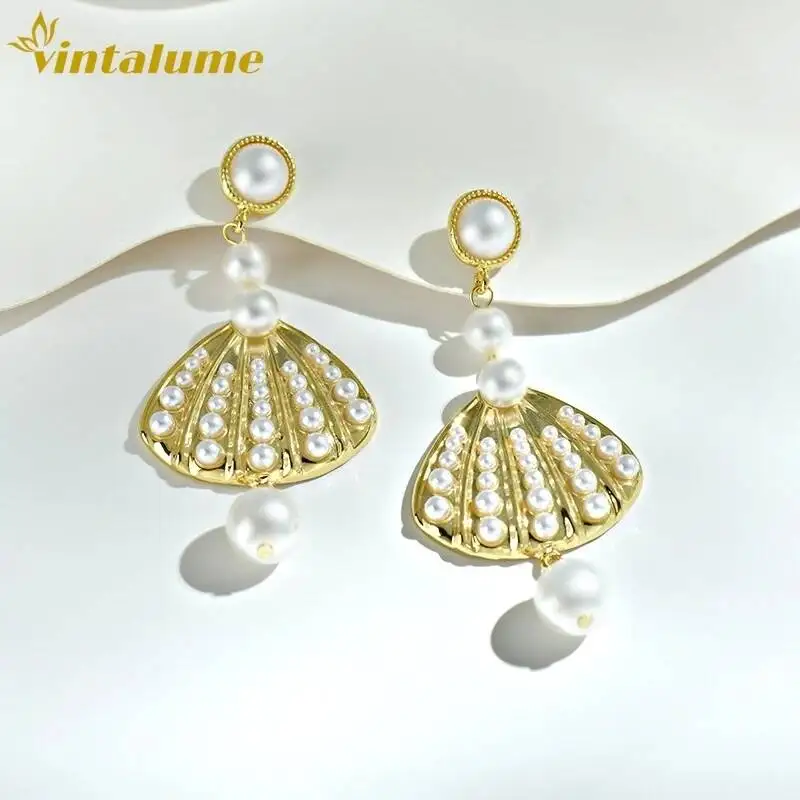 

Серьги-подвески Vintalume из сплава с жемчугом в форме веера для женщин, изысканные массивные серьги, подарок для вечеринки, модные украшения
