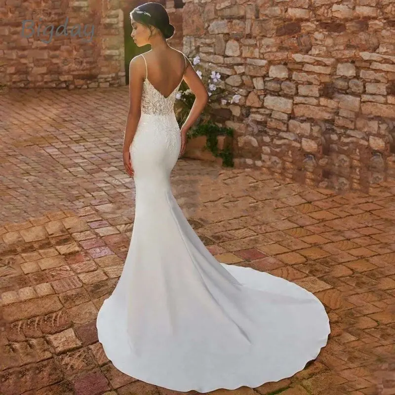 Elegante sereia vestido de casamento feminino 2025 aberto volta renda com decote em v cintas de espaguete vestidos de noiva trem novia personalizado