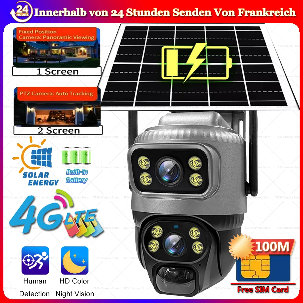 4G-Solarkameras mit Doppellinse, 4K 8MP HD Nachtsicht, Smart Home Sicherheitsschutz, 360° kabellose PTZ-Fernsteuerung, IP-CCTV-Kameras, wasserdicht, mit SIM-Karte im Lieferumfang, 100M