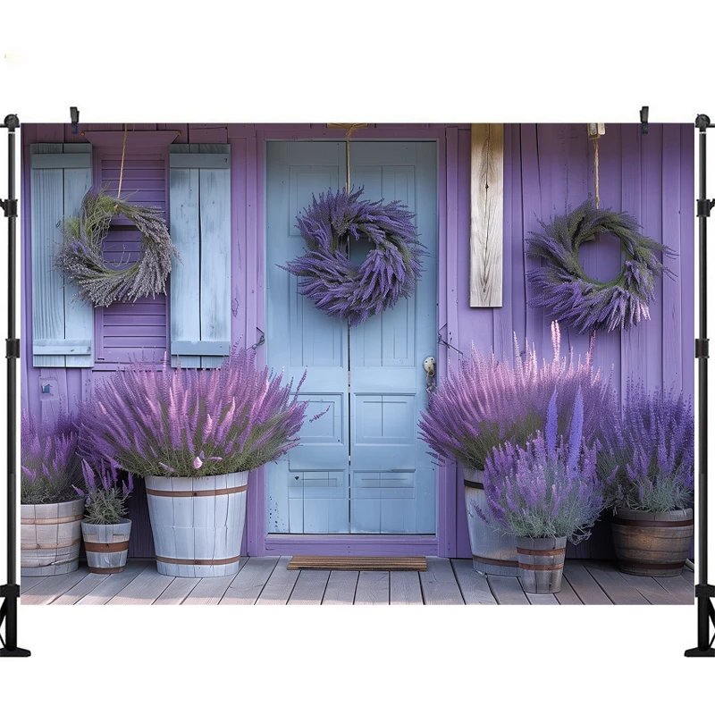 Fondo de fotografía LS, decoración de retrato de adulto, corona de lavanda púrpura, puerta azul, fondo de pared a rayas de madera, estudio fotográfico