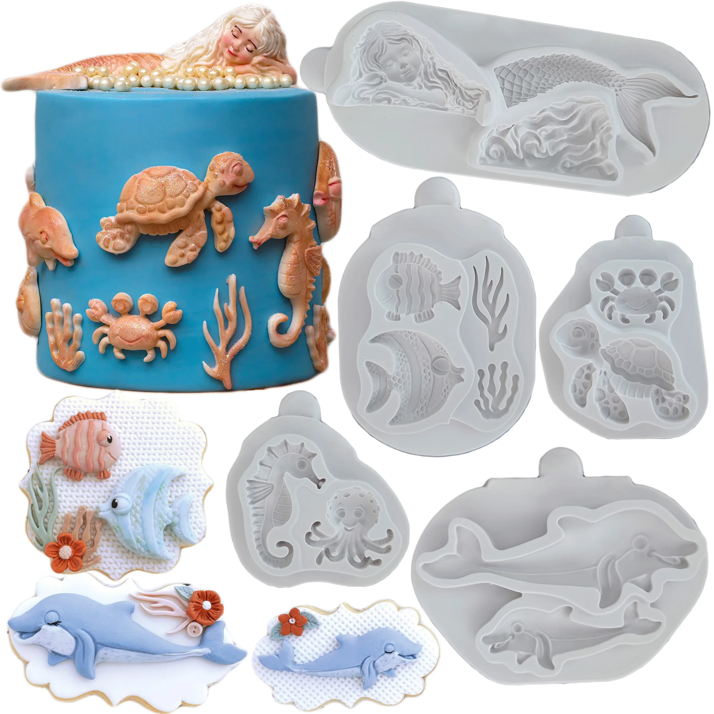 Ocean Mermaid, Dolphin, Turtle, Seahorse, Fish Silicone Mould Fondant Cake Decorating Mold Clay,Sugarcraft Chocolate Baking Tool