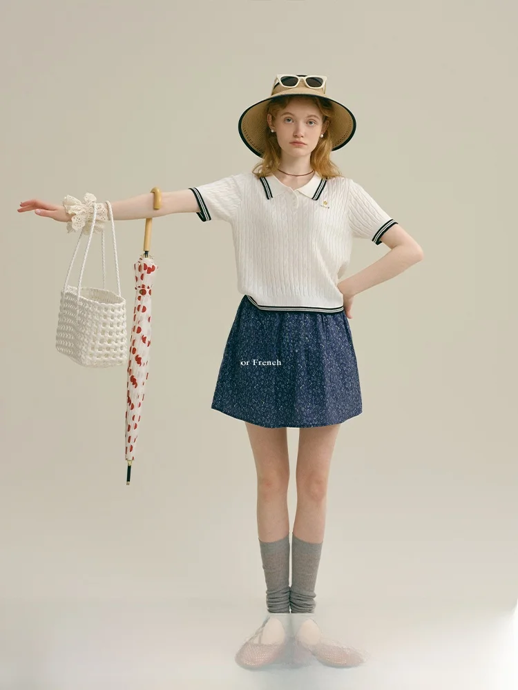 

Rina Berry High Waist ort Skirt Floral Print Side Metal Design Slimming A-Line Gentle Versatile Women's Cotton Blend Skirt