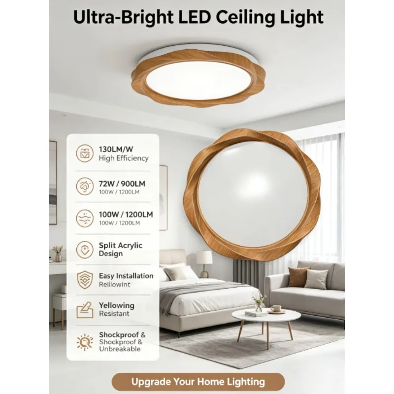Modern Led Ceiling Light Round Fixture With Wood Grain Frame And Soft Diffuser For Living Room Bedroom Nordic Home
