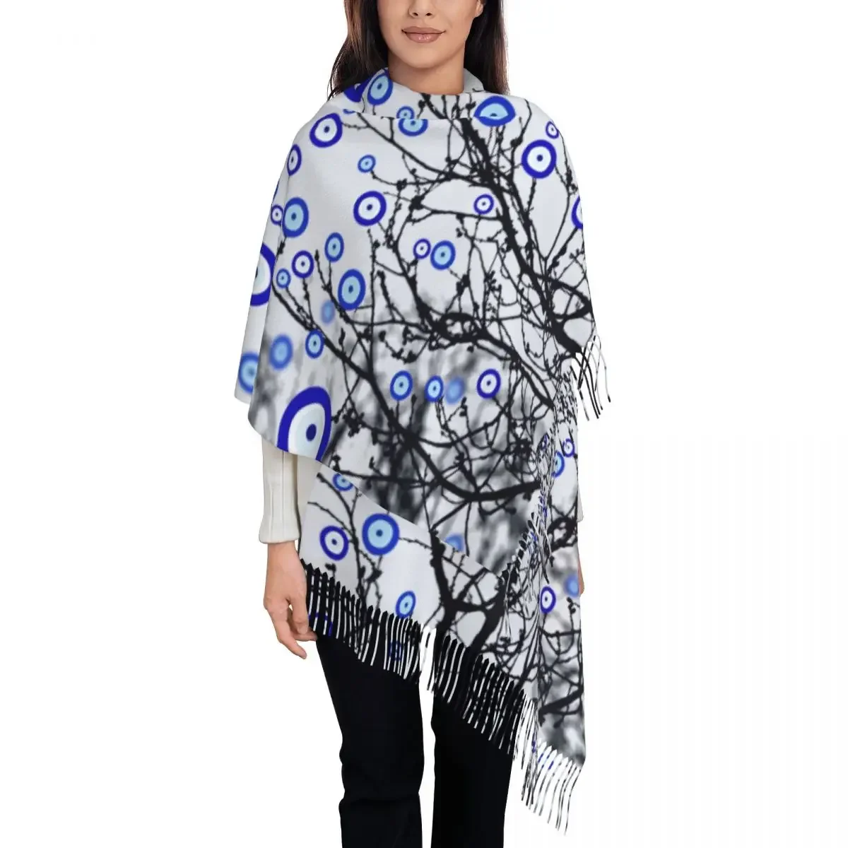 Turkish Evil Eye Tree Scarf Wrap Women Long Winter Fall Warm Tassel Shawl Unisex Mediterranean Amulet Scarves