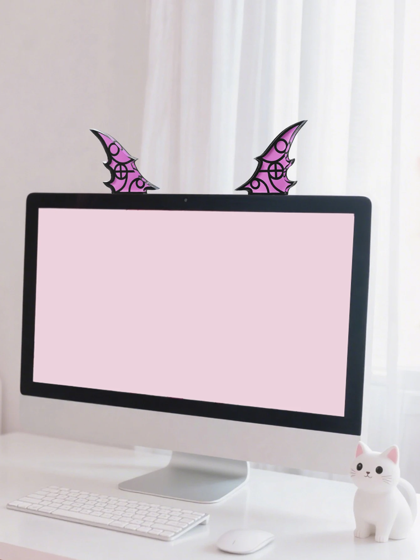 2pcs Kawaii Monitor Decor Bunny Ear&Bat Wing PC Accessories Desktop Hanging Decor Cute Screen Ears for Aesthetic Desk Setup Gift