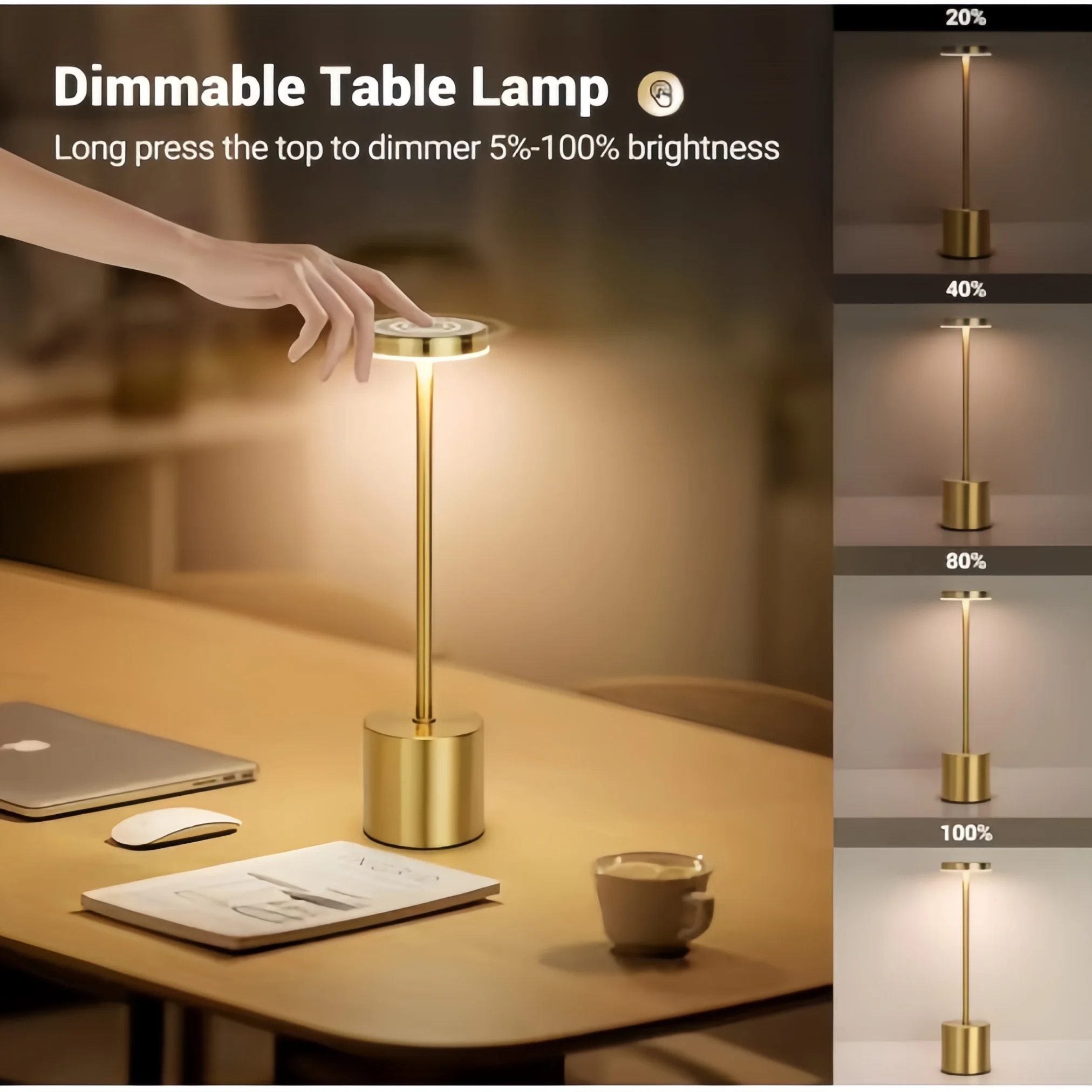 

Cordless LED Touch Desk Lamp 3-Level Brightness Rechargeable Modern Night Light for Bedroom Restaurant Office