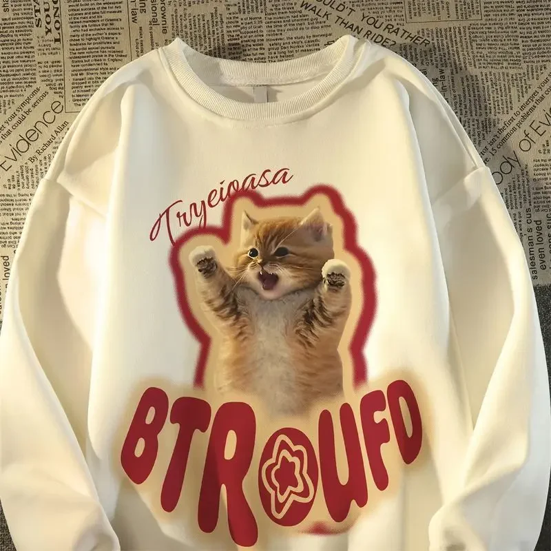 American Cute Cat Pure Cotton Round Neck Sweater for Men and Women Loose Ins Couple Coat Pattern Clothes Spring and Autumn Top