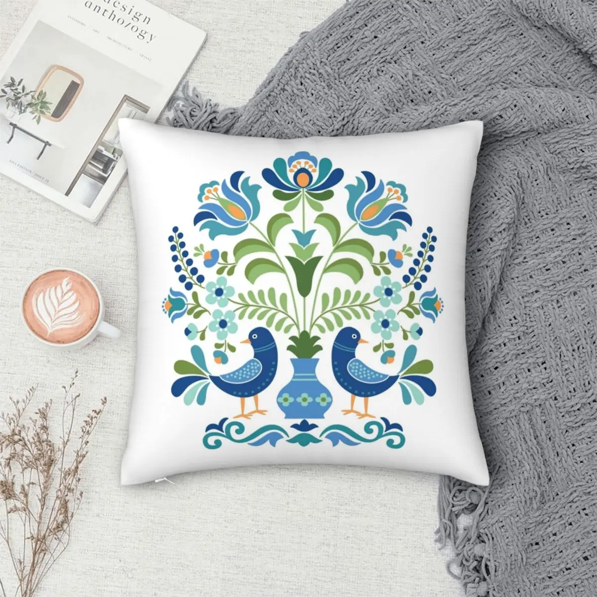 Hungarian Folk Design Blue Birds Square Pillowcase Polyester Linen Velvet Printed Decor Pillow Case Sofa Seater Cushion Cover